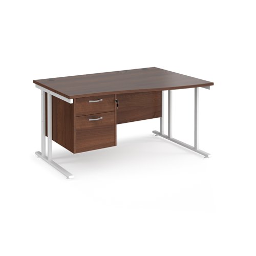 Maestro 25 right hand wave desk 1400mm wide with 2 drawer pedestal - white cantilever leg frame, walnut top