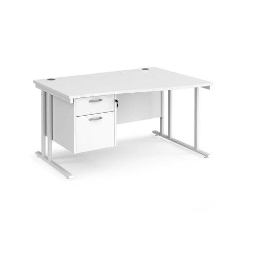 Maestro 25 right hand wave desk 1400mm wide with 2 drawer pedestal - white cantilever leg frame, white top