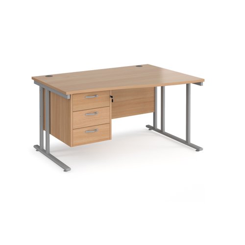 Maestro 25 right hand wave desk 1400mm wide with 3 drawer pedestal - silver cantilever leg frame, beech top