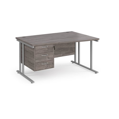 Maestro 25 Right Hand Wave Desk 1400mm Wide With 3 Drawer Pedestal Silver Cantilever Leg Frame Grey Oak Top