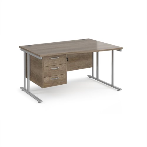 Maestro 25 right hand wave desk 1400mm wide with 3 drawer pedestal - silver cantilever leg frame, Nebraska oak top