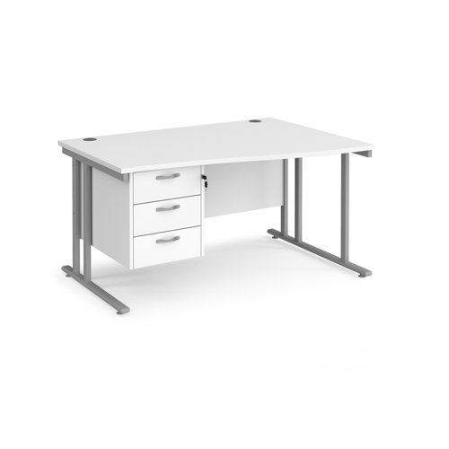 Maestro 25 right hand wave desk 1400mm wide with 3 drawer pedestal - silver cantilever leg frame, white top