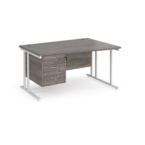 Maestro 25 right hand wave desk 1400mm wide with 3 drawer pedestal - white cantilever leg frame, grey oak top