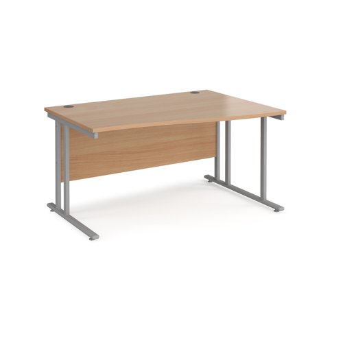 Maestro 25 right hand wave desk 1400mm wide - silver cantilever leg frame, beech top MC14WRSB Buy online at Office 5Star or contact us Tel 01594 810081 for assistance