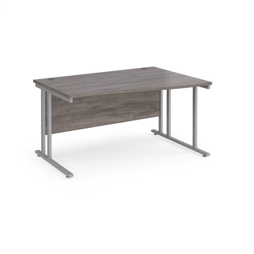 Maestro 25 right hand wave desk 1400mm wide - silver cantilever leg frame, grey oak top MC14WRSGO Buy online at Office 5Star or contact us Tel 01594 810081 for assistance