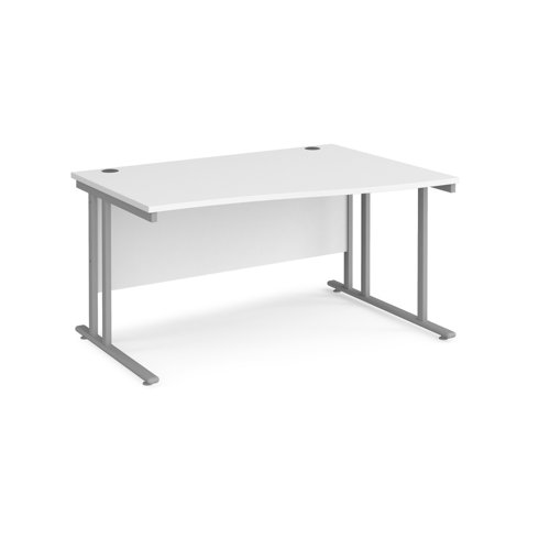 Maestro 25 Sl Silver Dble Upright Cant RH Wave Desk 1400mm X 990/800 White 25mm Top 18mm Back Panel