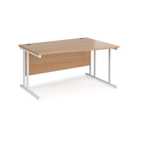 Maestro 25 right hand wave desk 1400mm wide - white cantilever leg frame, beech top