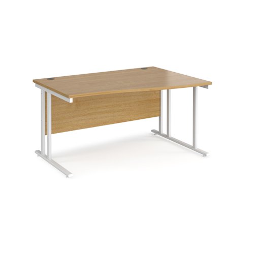 Maestro 25 right hand wave desk 1400mm wide - white cantilever leg frame, oak top
