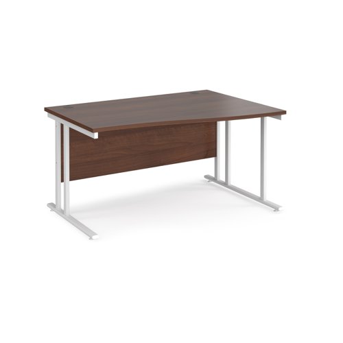 Maestro 25 right hand wave desk 1400mm wide - white cantilever leg frame, walnut top
