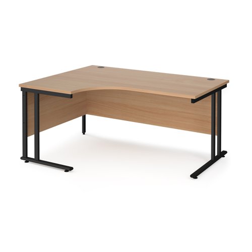 Maestro 25 left hand ergonomic desk 1600mm wide - black cantilever leg frame, beech top