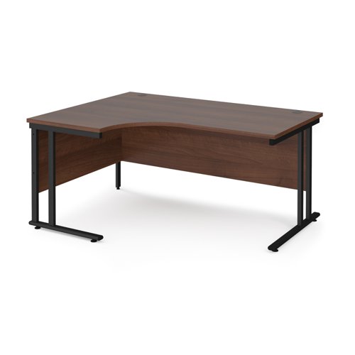 Maestro 25 left hand ergonomic desk 1600mm wide - black cantilever leg frame, walnut top