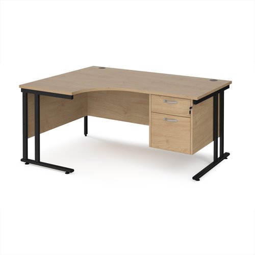 Maestro 25 left hand ergonomic desk 1600mm wide with 2 drawer pedestal - black cantilever leg frame, Kendal oak top