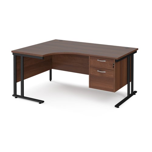 Maestro 25 left hand ergonomic desk 1600mm wide with 2 drawer pedestal - black cantilever leg frame, walnut top