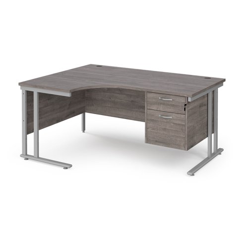 Maestro 25 left hand ergonomic desk 1600mm wide with 2 drawer pedestal - silver cantilever leg frame, grey oak top