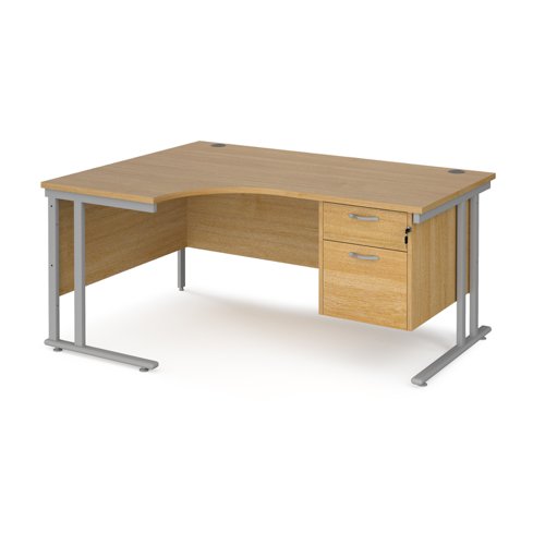 Office Desk Left Hand Corner Desk 1600mm With Pedestal Oak Top With Silver Frame 1200mm Depth Maestro 25 Mc16elp2so