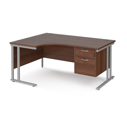 Maestro 25 left hand ergonomic desk 1600mm wide with 2 drawer pedestal - silver cantilever leg frame, walnut top
