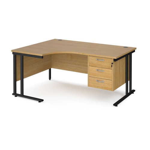Office Desk Left Hand Corner Desk 1600mm With Pedestal Oak Top With Black Frame 1200mm Depth Maestro 25 Mc16elp3ko
