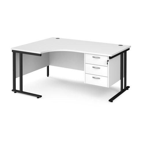 Maestro 25 left hand ergonomic desk 1600mm wide with 3 drawer pedestal - black cantilever leg frame, white top