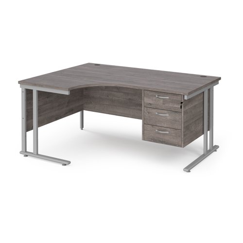 Maestro 25 left hand ergonomic desk 1600mm wide with 3 drawer pedestal - silver cantilever leg frame, grey oak top