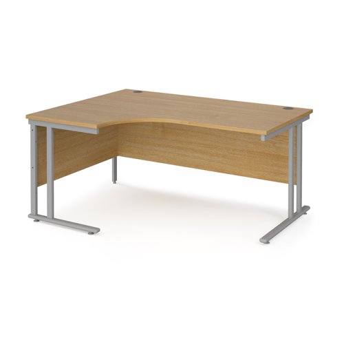 Maestro 25 left hand ergonomic desk 1600mm wide - silver cantilever leg frame, oak top