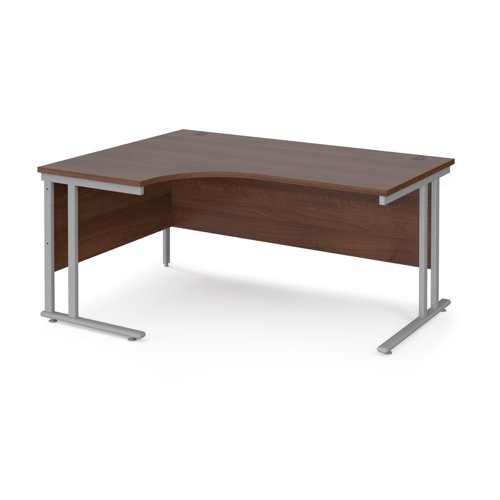 Maestro 25 left hand ergonomic desk 1600mm wide - silver cantilever leg frame, walnut top