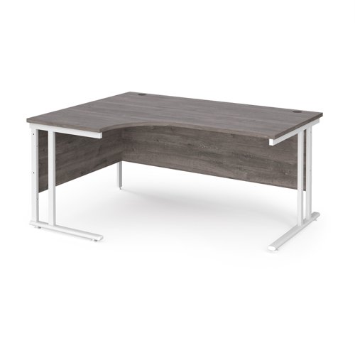 Maestro 25 left hand ergonomic desk 1600mm wide - white cantilever leg frame, grey oak top