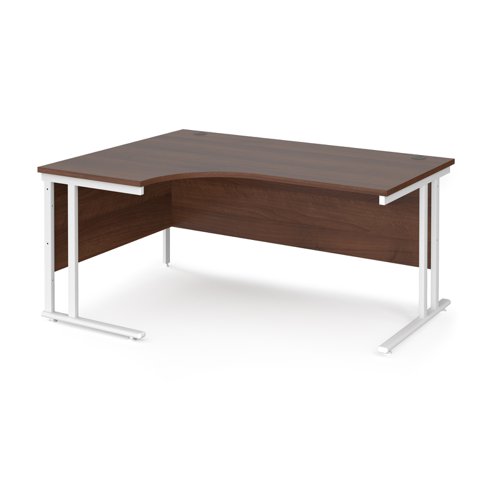 Maestro 25 left hand ergonomic desk 1600mm wide - white cantilever leg frame, walnut top