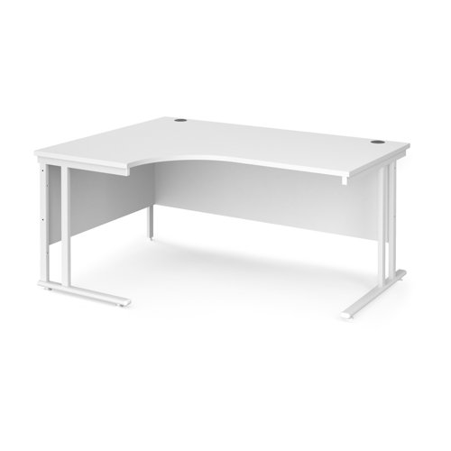 Maestro 25 left hand ergonomic desk 1600mm wide - white cantilever leg frame, white top