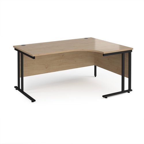 Maestro 25 right hand ergonomic desk 1600mm wide - black cantilever leg frame, Kendal oak top