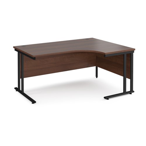 Maestro 25 right hand ergonomic desk 1600mm wide - black cantilever leg frame, walnut top