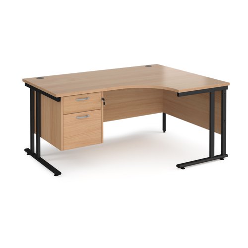 Maestro 25 right hand ergonomic desk 1600mm wide with 2 drawer pedestal - black cantilever leg frame, beech top Office Desks MC16ERP2KB