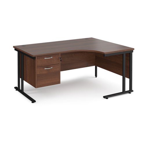 Maestro 25 right hand ergonomic desk 1600mm wide with 2 drawer pedestal - black cantilever leg frame, walnut top