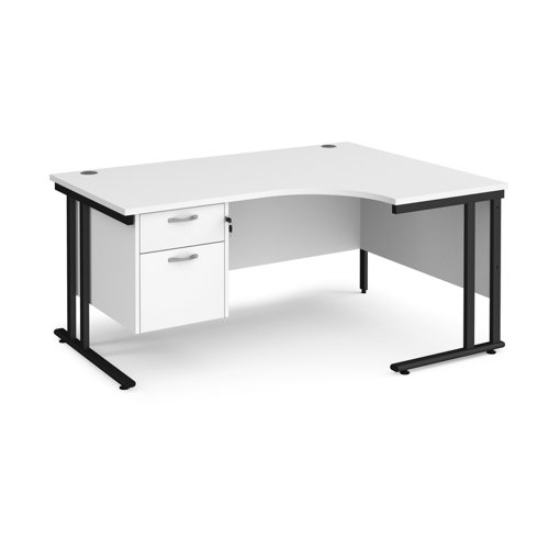 Maestro 25 right hand ergonomic desk 1600mm wide with 2 drawer pedestal - black cantilever leg frame, white top