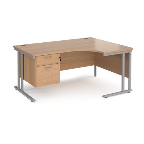 Maestro 25 right hand ergonomic desk 1600mm wide with 2 drawer pedestal - silver cantilever leg frame, beech top