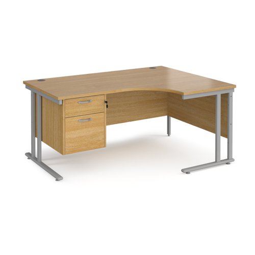 Maestro 25 right hand ergonomic desk 1600mm wide with 2 drawer pedestal - silver cantilever leg frame, oak top