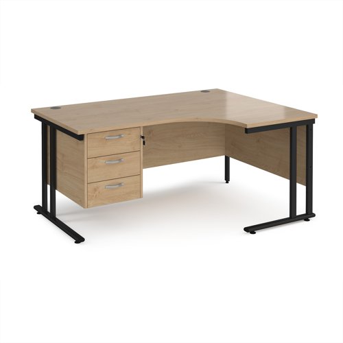 Maestro 25 right hand ergonomic desk 1600mm wide with 3 drawer pedestal - black cantilever leg frame, Kendal oak top