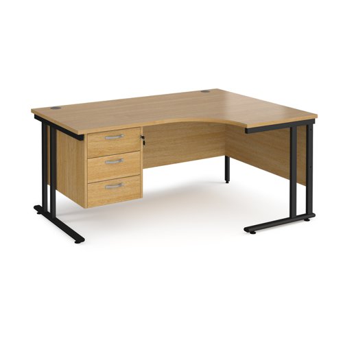 Maestro 25 right hand ergonomic desk 1600mm wide with 3 drawer pedestal - black cantilever leg frame, oak top