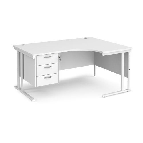 Maestro 25 right hand ergonomic desk 1600mm wide with 3 drawer pedestal - white cantilever leg frame, white top