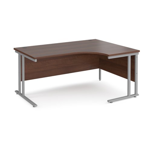 Maestro 25 right hand ergonomic desk 1600mm wide - silver cantilever leg frame, walnut top