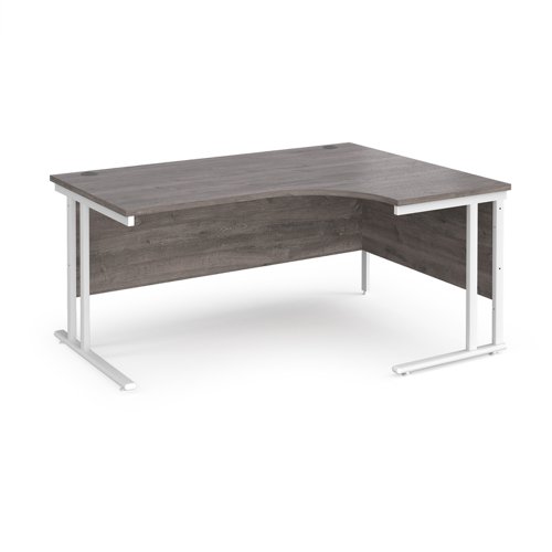 Maestro 25 right hand ergonomic desk 1600mm wide - white cantilever leg frame, grey oak top