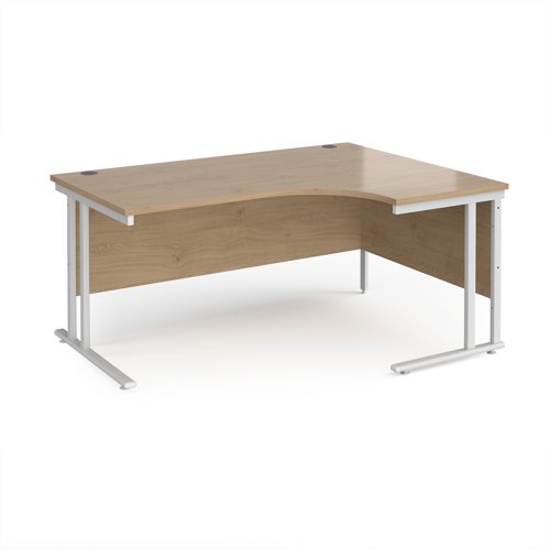 Maestro 25 right hand ergonomic desk 1600mm wide - white cantilever leg frame, Kendal oak top