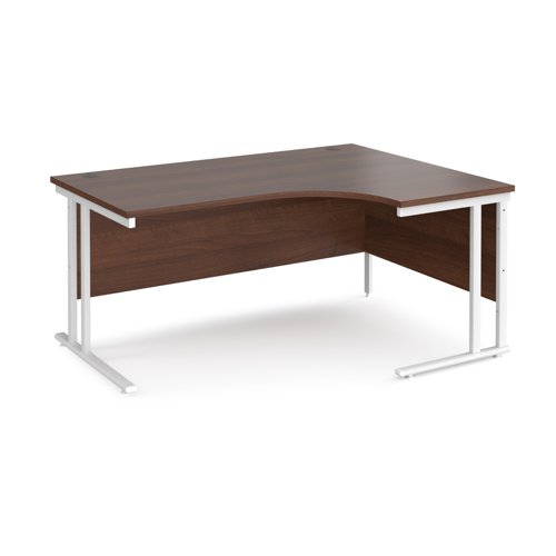 Maestro 25 right hand ergonomic desk 1600mm wide - white cantilever leg frame, walnut top