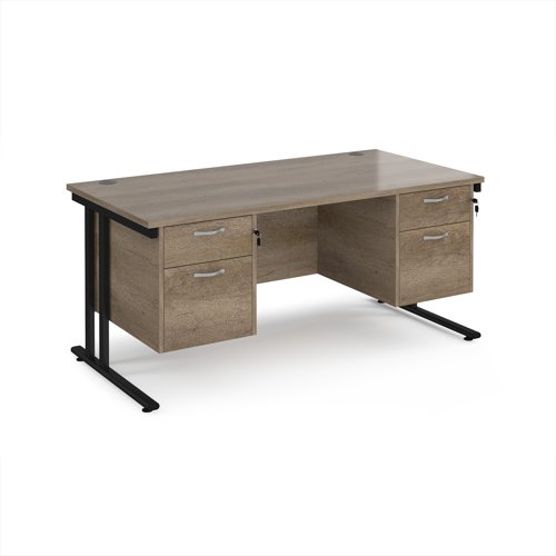 Maestro 25 straight desk 1600mm x 800mm with two x 2 drawer pedestals - black cantilever leg frame, Nebraska oak top
