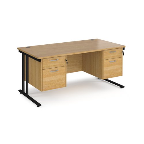 Maestro 25 straight desk 1600mm x 800mm with two x 2 drawer pedestals - black cantilever leg frame, oak top