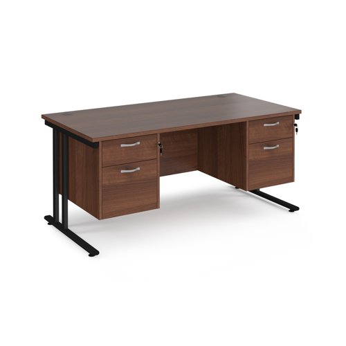 Maestro 25 straight desk 1600mm x 800mm with two x 2 drawer pedestals - black cantilever leg frame, walnut top