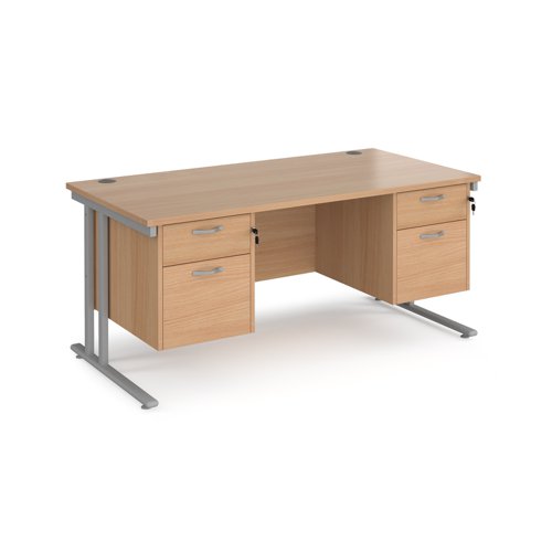 Office Desk Rectangular Desk 1600mm With Double Pedestal Beech Top With Silver Frame 800mm Depth Maestro 25 Mc16p22sb