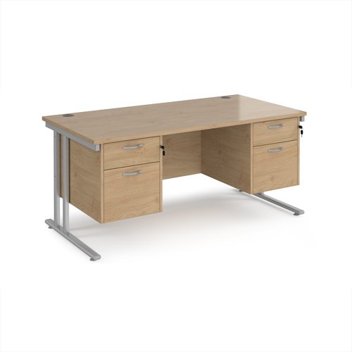 Maestro 25 straight desk 1600mm x 800mm with two x 2 drawer pedestals - silver cantilever leg frame, Kendal oak top