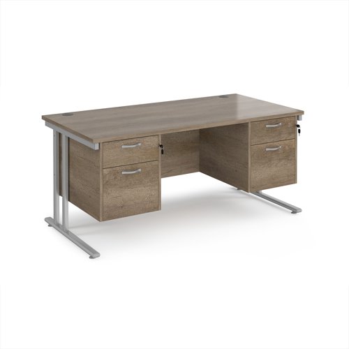 Maestro 25 straight desk 1600mm x 800mm with two x 2 drawer pedestals - silver cantilever leg frame, Nebraska oak top