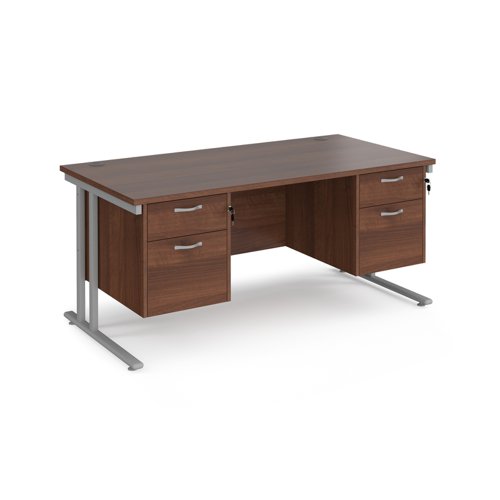 Maestro 25 straight desk 1600mm x 800mm with two x 2 drawer pedestals - silver cantilever leg frame, walnut top