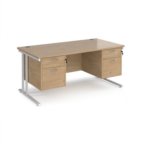 Maestro 25 straight desk 1600mm x 800mm with two x 2 drawer pedestals - white cantilever leg frame, Kendal oak top